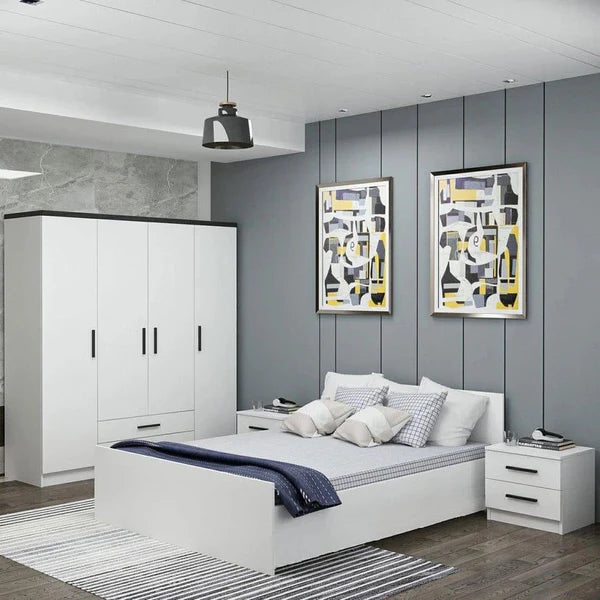 Modern bedroom with white furniture, abstract art on gray walls, and a rug.