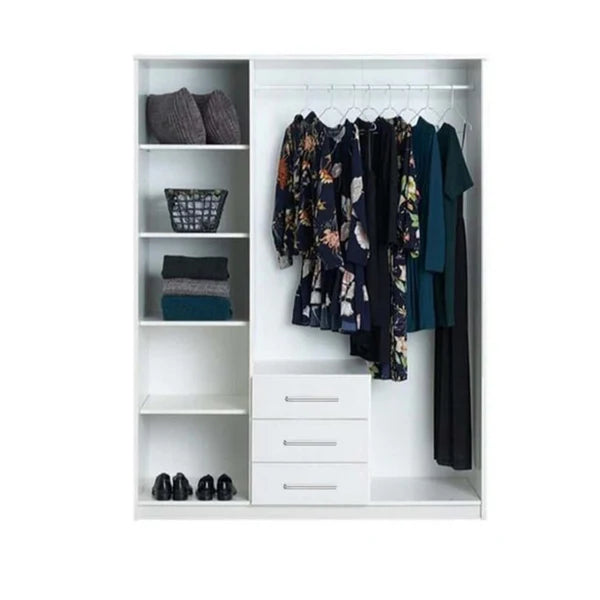 White wardrobe with clothes hanging on a rack and shelves below