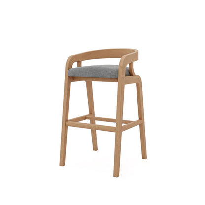 Wooden bar stool with a gray cushion on a white background
