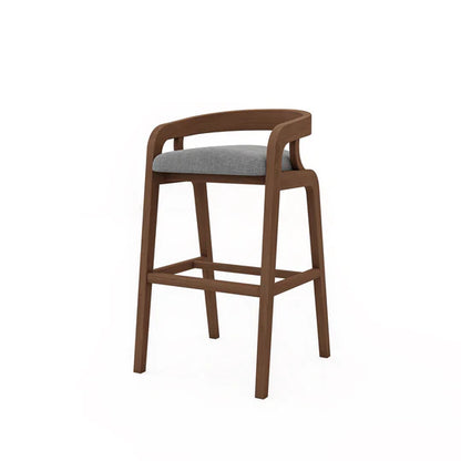 Wooden bar stool with a gray cushion on a white background