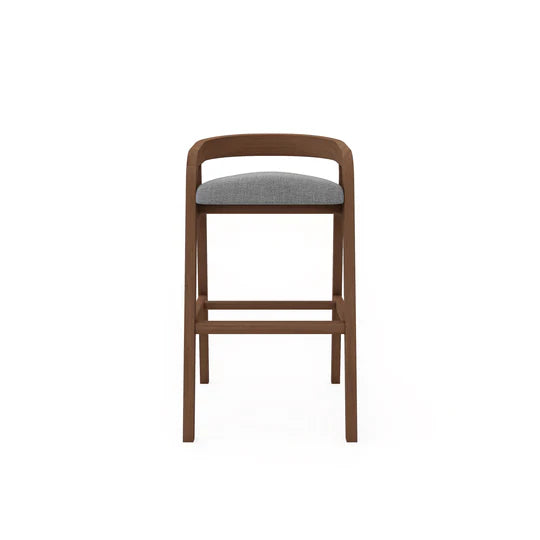 Wooden bar stool with a gray cushion on a white background