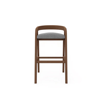 Wooden bar stool with a gray cushion on a white background
