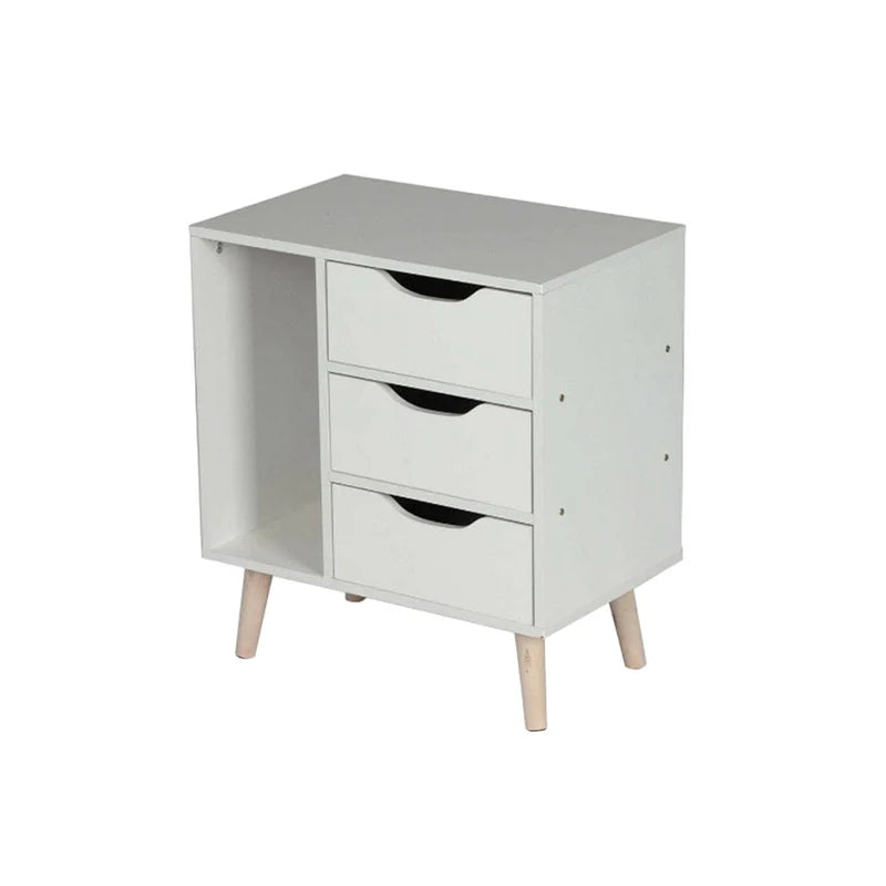 White wooden side table with three drawers on a white background