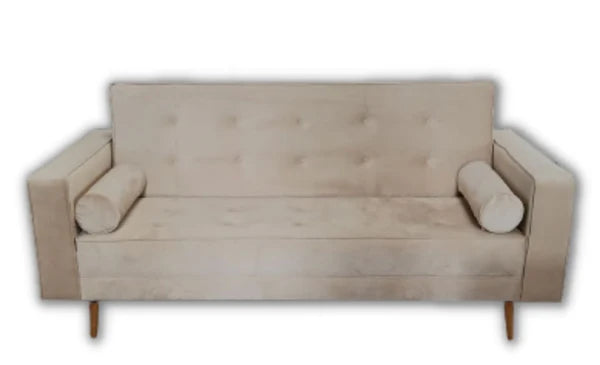 Beige sofa with buttoned backrest on a white background