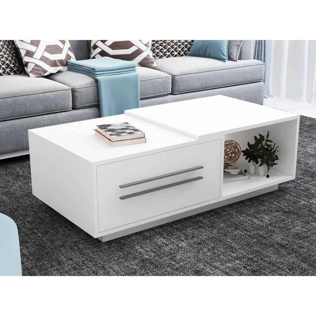 White coffee table with storage compartments in a living room setting