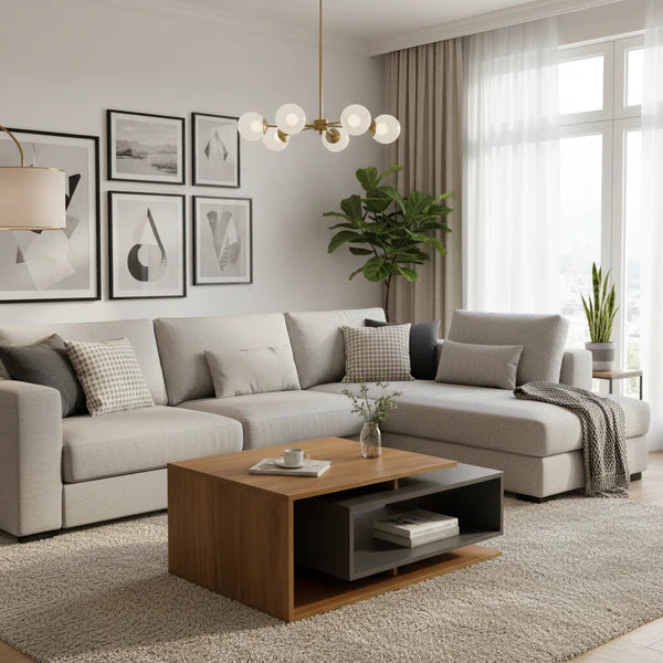 Modern living room with a gray sectional sofa, wooden coffee table, and decorative elements.