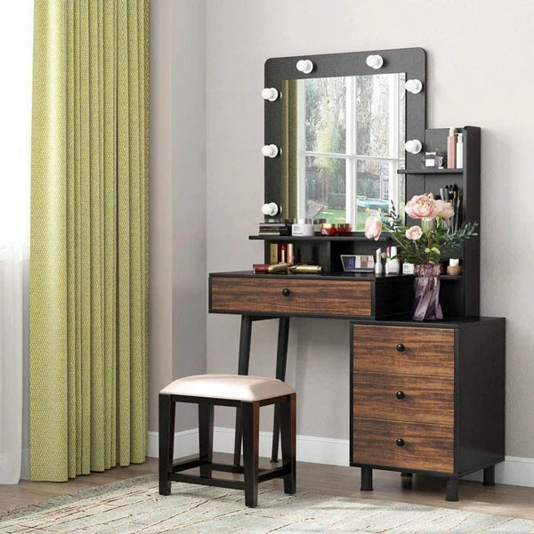 Wooden vanity with mirror and lights in a room with green curtains.