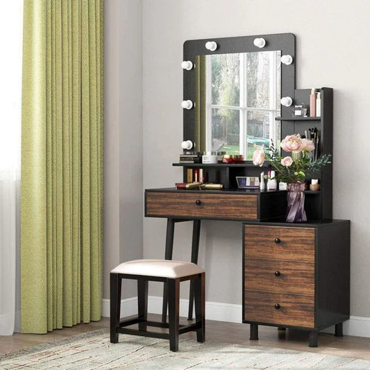 Wooden vanity with mirror and lights in a room with green curtains.