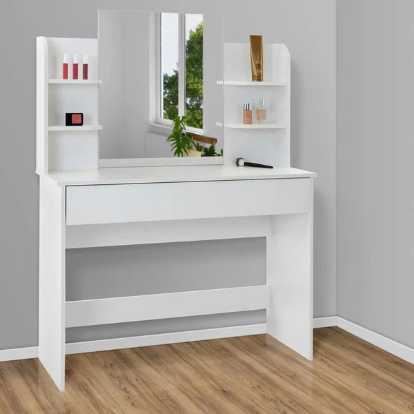 White vanity with mirror and shelves against a gray wall.