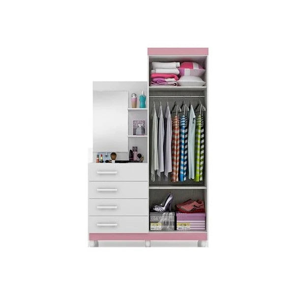 White wardrobe with pink accents and clothes inside on a white background