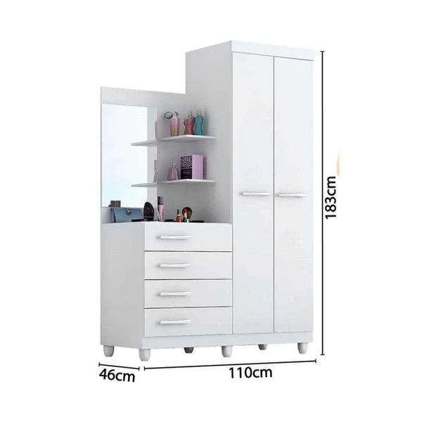 White wardrobe with mirror and shelves, showing dimensions on a white background