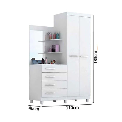 White wardrobe with mirror and shelves, showing dimensions on a white background