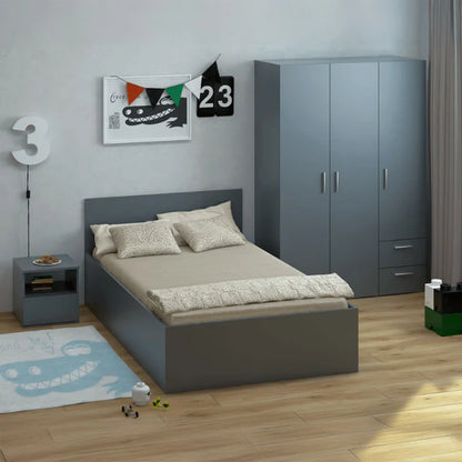 Modern bedroom with gray bed, wardrobe, and nightstand.
