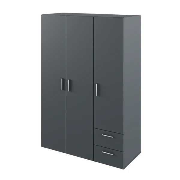 Gray wardrobe with three doors and two drawers on a white background