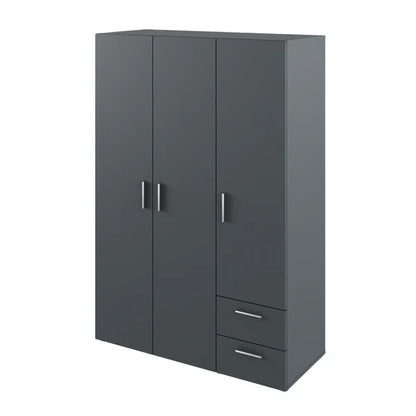 Gray wardrobe with three doors and two drawers on a white background