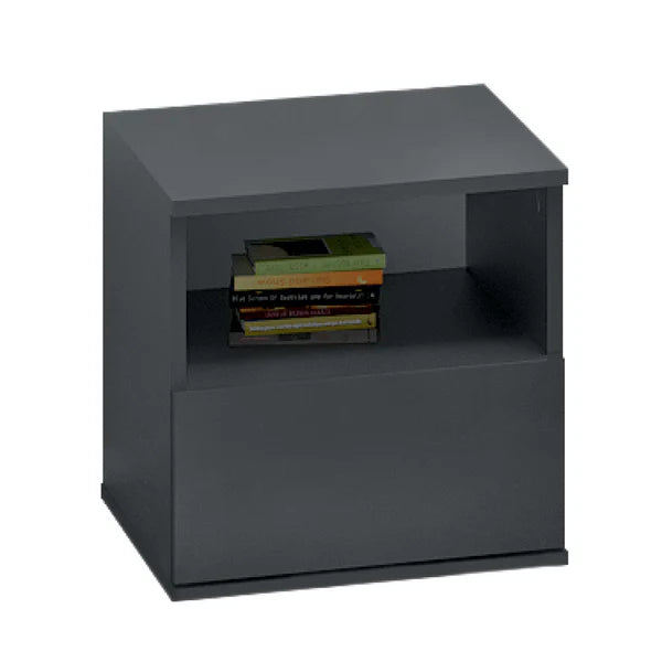 Dark gray bookshelf with books on a white background