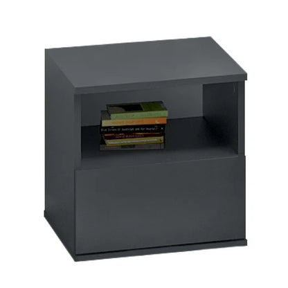 Dark gray bookshelf with books on a white background