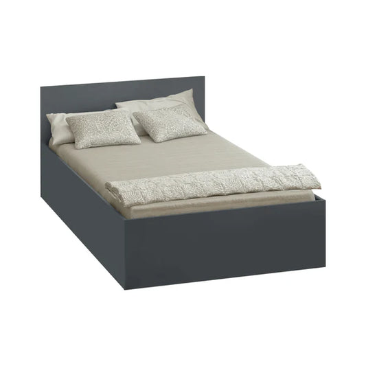 Bed with dark frame and beige bedding on a white background