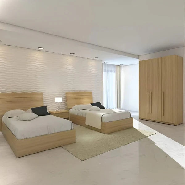 Modern bedroom with wooden furniture and light decor
