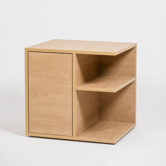 Wooden side table with a drawer and open shelf on a white background
