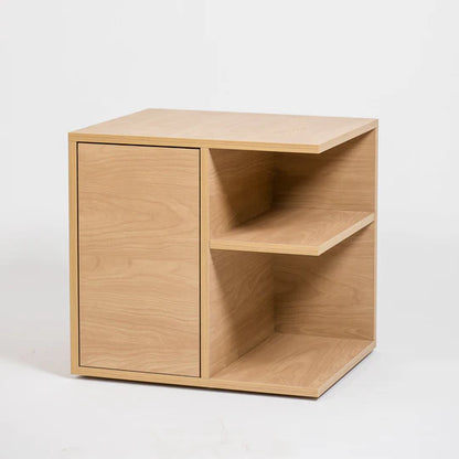 Wooden side table with a drawer and open shelf on a white background