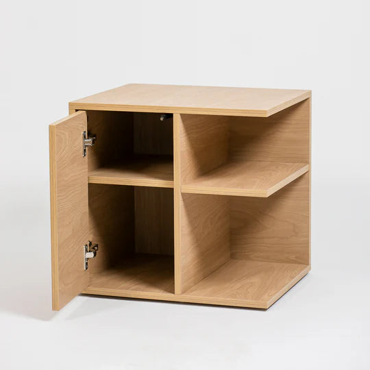 Wooden corner cabinet with open doors on a white background