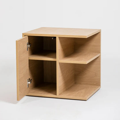 Wooden corner cabinet with open doors on a white background