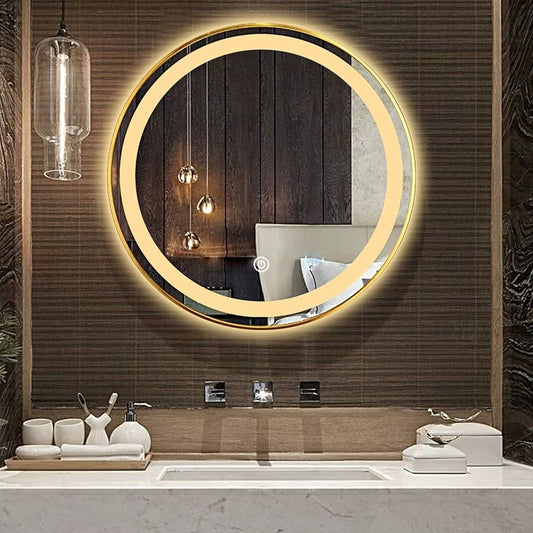 Round Touch Mirror with Gold Metal Frame MST- 385