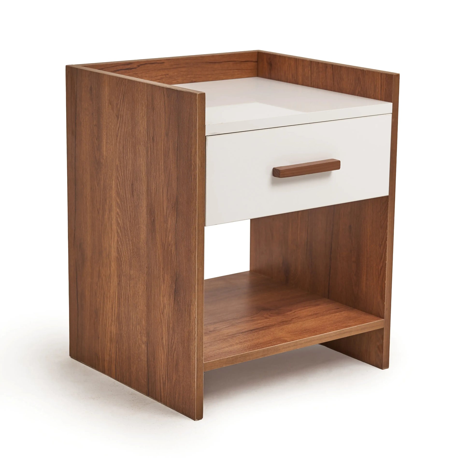 Wooden side table with a white drawer on a white background