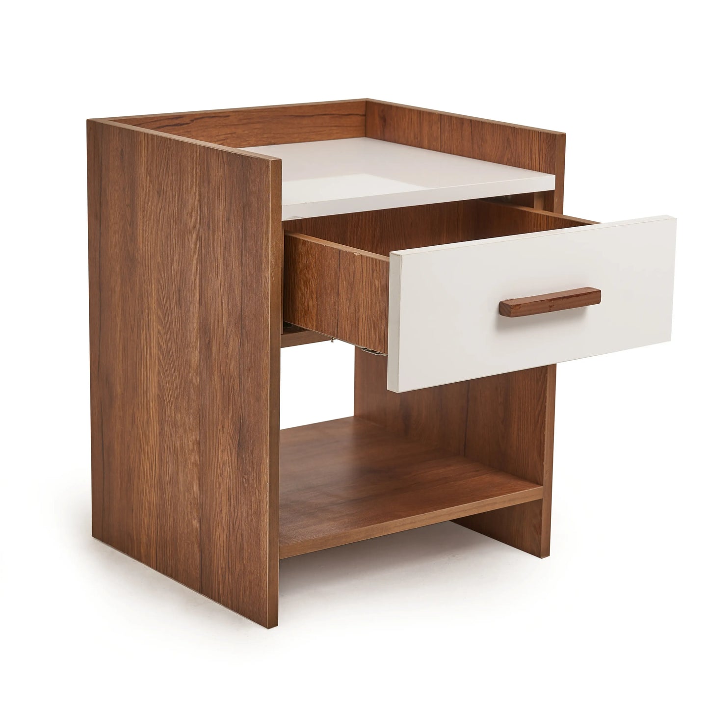 Wooden side table with a white drawer on a white background