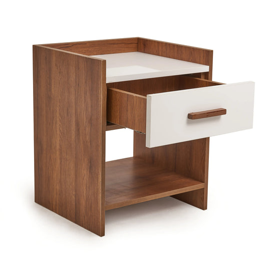 Wooden side table with a white drawer on a white background