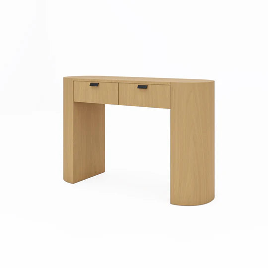 Wooden desk with two drawers on a white background