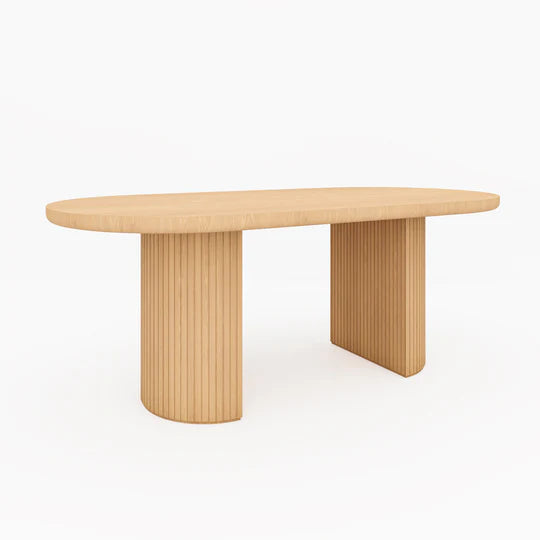 Wooden table with a minimalist design on a white background