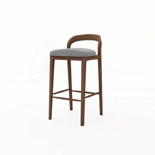 Bar stool with wooden frame and gray cushion on a white background