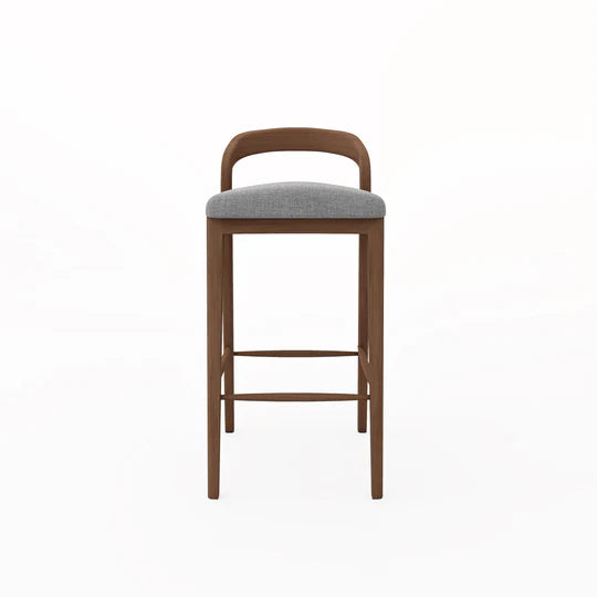 Wooden bar stool with a gray cushioned seat on a white background