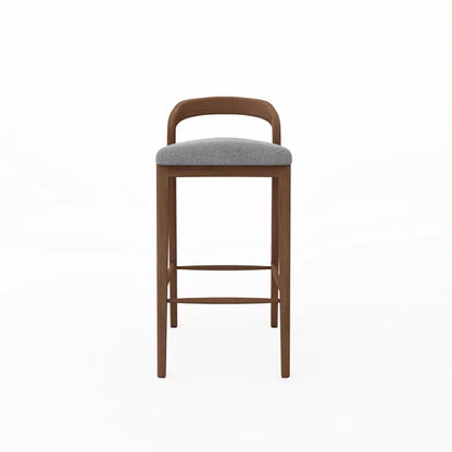 Wooden bar stool with a gray cushioned seat on a white background