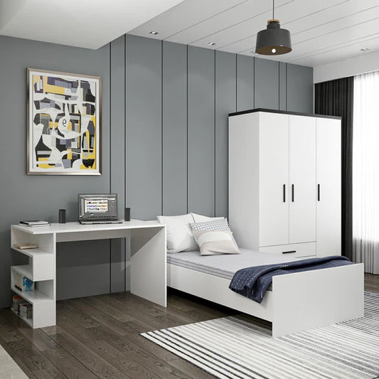 Modern bedroom with white furniture, including a bed, desk, and wardrobe.