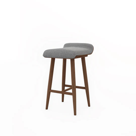 Bar stool with gray cushioned seat and wooden legs on a white background