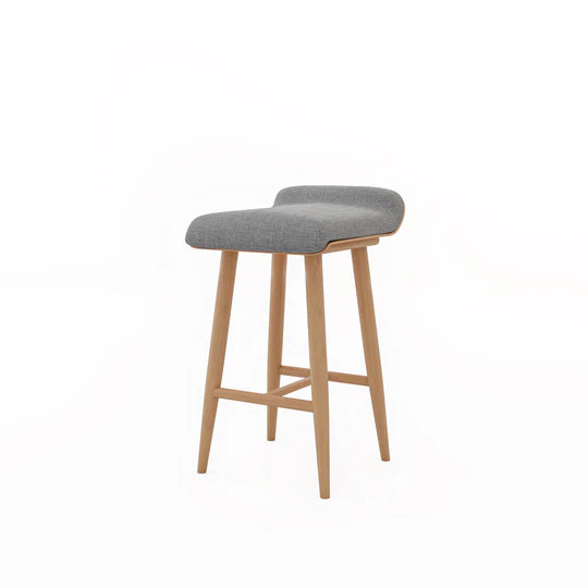 Bar stool with gray cushioned seat and wooden legs on a white background
