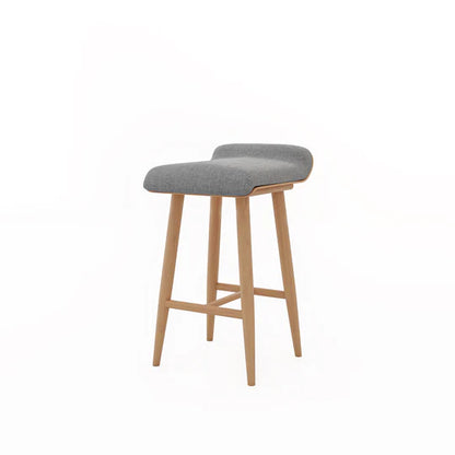 Bar stool with gray cushioned seat and wooden legs on a white background