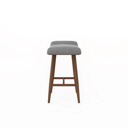 Gray cushioned bar stool with wooden legs on a white background