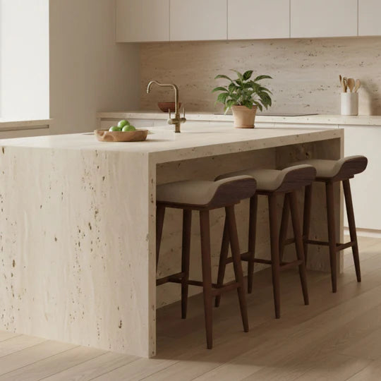 Modern kitchen with a wooden island and stools