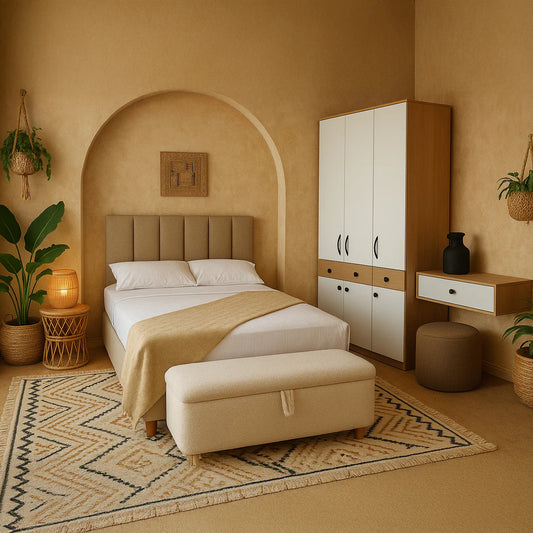 Neatly arranged bedroom with beige walls, a bed, wardrobe, and decorative elements.