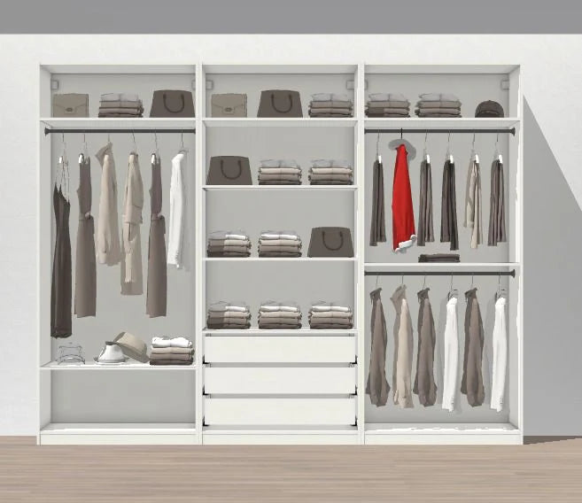 Closet with clothes hanging and arranged on shelves in a neutral setting