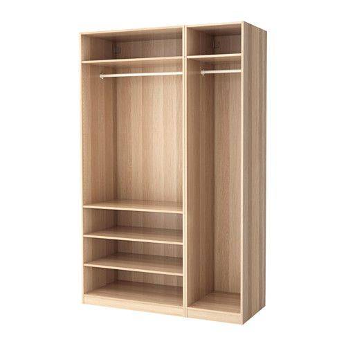 Wooden wardrobe with shelves and hanging rods on a white background