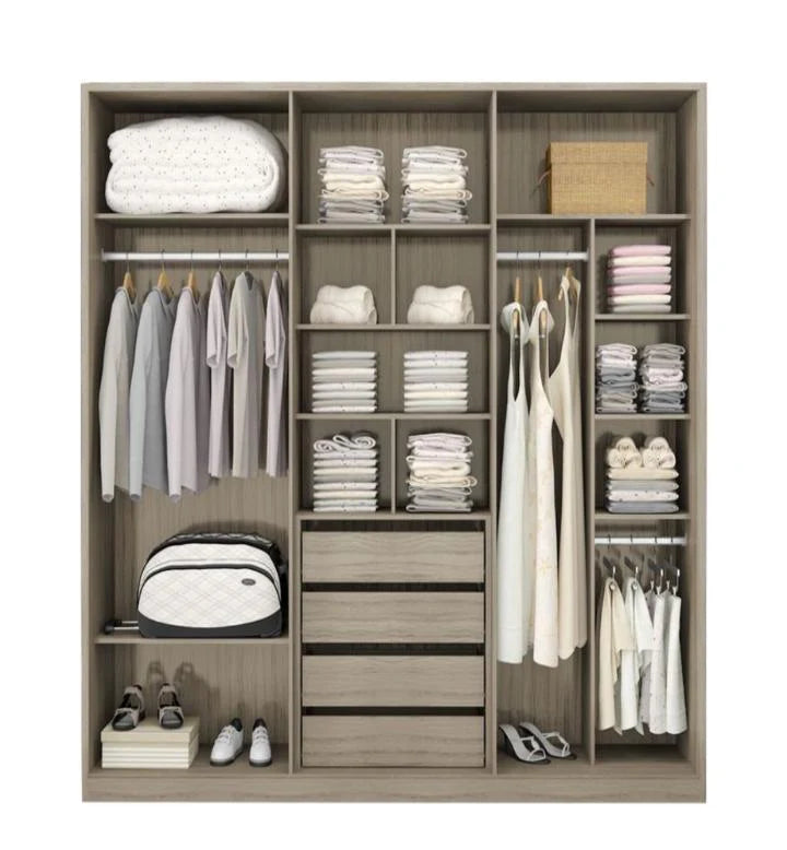 Wardrobe with clothes, shoes, and bags arranged neatly on shelves and hangers.