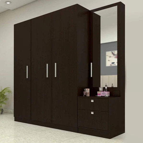 Dark wood wardrobe with mirror and shelves in a room setting