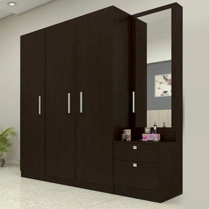 Dark wood wardrobe with mirror and shelves in a room setting