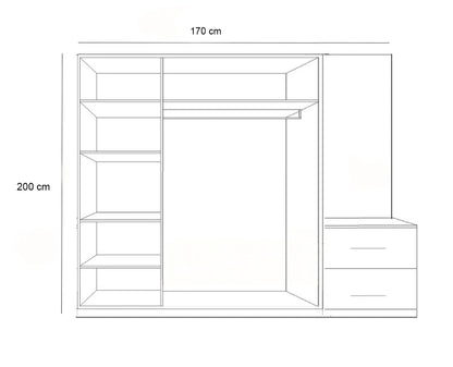 Line drawing of a wardrobe with dimensions labeled