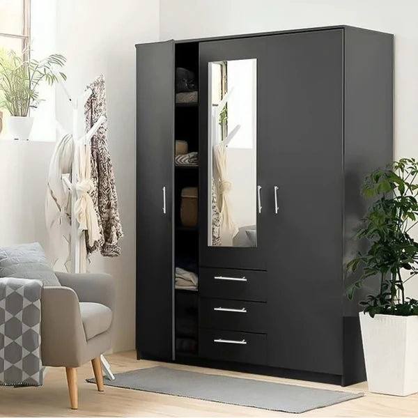 Black wardrobe with mirror in a room with a chair and plants
